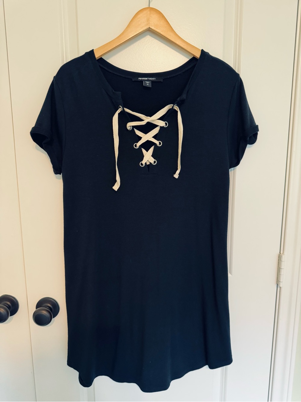 Lace-Up Short Sleeve Tunic Dress - Black